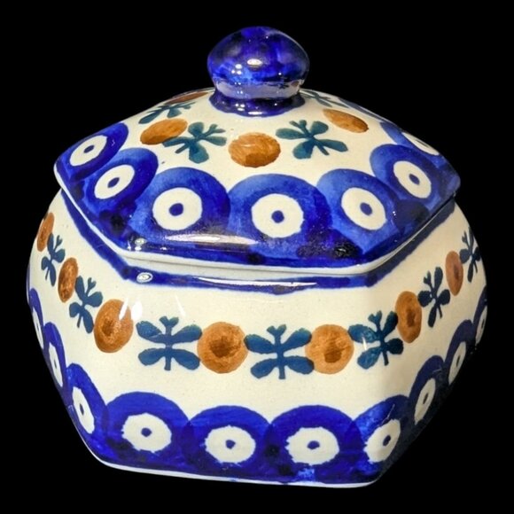 Polish Pottery Trinket Box Boleslawiec Hexagon Mosquito Pattern Signed with Lid - Picture 5 of 7